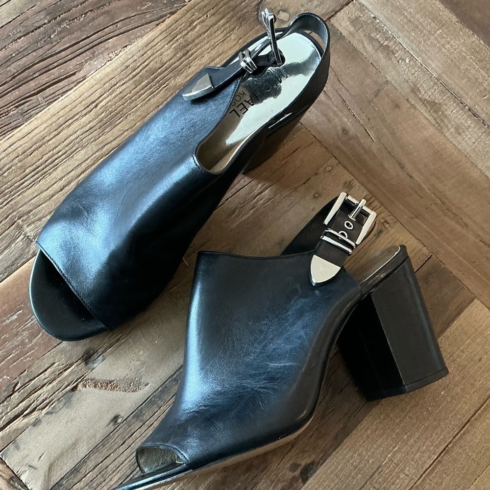 Michael Kors Black Leather Slingback Block Heel Sandals, Size 9.5
